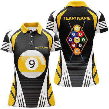 Custom Personalized Yellow White 9 Ball Pool 3D Polo Shirts For Women, Custom 9 Ball Team Billiard Jerseys