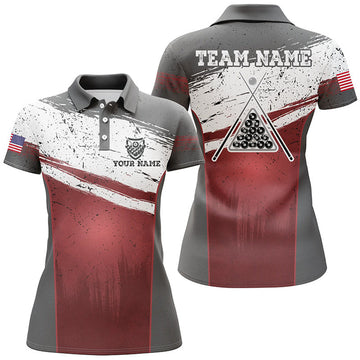 Custom Personalized US Flag 8 Ball Pool Polo Shirts For Women, Custom Red Grunge Billiard Balls Jerseys