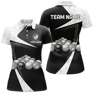 Custom Personalized Black White Grunge Billiard Balls Polo Shirts For Women, Custom 8 Ball Pool Team Shirts