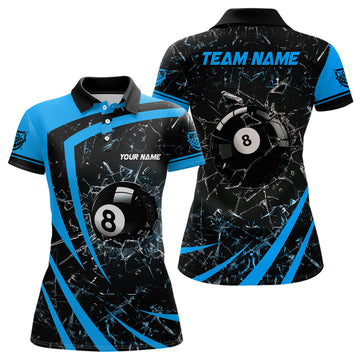Custom Personalized Blue Glass Break 8 Ball Billiard 3D Polo Shirts For Women, Custom 8 Ball Pool Jerseys