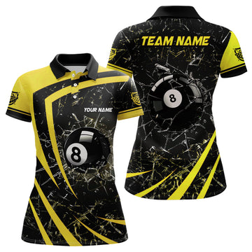 Custom Personalized Yellow Glass Break 8 Ball Billiard 3D Polo Shirts For Women, Custom 8 Ball Pool Jerseys