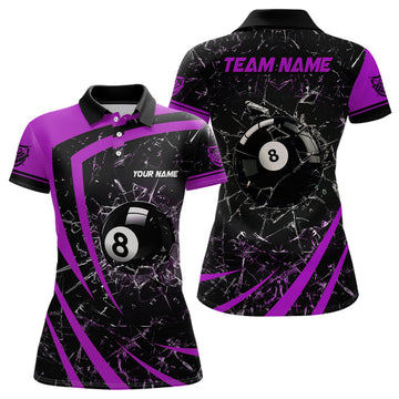 Custom Personalized Purple Glass Break 8 Ball Billiard 3D Polo Shirts For Women, Custom 8 Ball Pool Jerseys