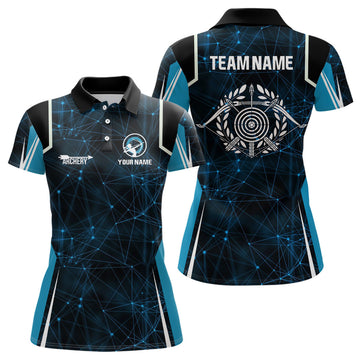 Custom Personalized Blue 3D Target Archery Polo Shirts For Women, Custom Bow And Arrow Archery Shirts