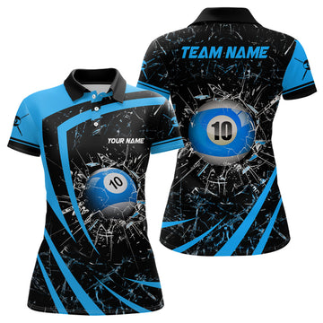 Custom Personalized Blue Glass Break 10 Ball Billiard 3D Polo Shirts For Women, Custom 10 Ball Pool Jerseys
