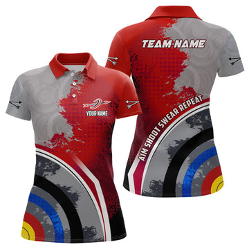 Custom Personalized Aim Shoot Swear Repeat Archery Polo Shirts For Women, Red Grey 3D Target Archery Shirts