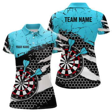 Custom Blue Grunnge Hive Pattern Darts Polo Shirts For Women, Dart Team Jerseys Custom Womens Dart Apparel
