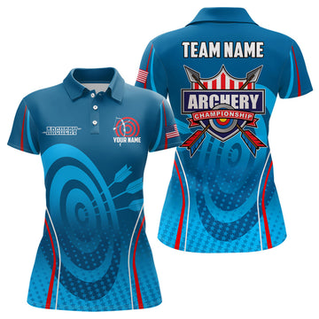 Custom Personalized Blue Red Target Archery Polo Shirts For Women, Archery Champion US Flag Archery Shirts