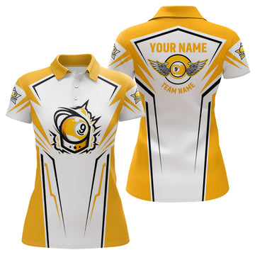 Custom Personalized 3D Funny Billiard 9 Ball Polo Shirts For Women, Custom White Yellow 9 Ball Pool Jerseys