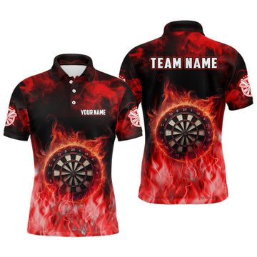 Personalized Red Fire Flame Dart Polo Shirts For Men, Dart Team Jerseys Custom Mens Dart Shirts