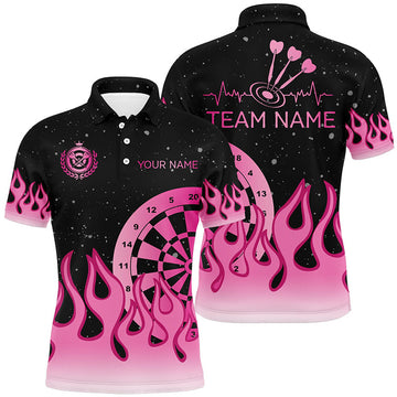 Personalized Pink Dartboard Fire Flame Men Darts Polo Shirts Custom Mother's Day Darts Shirt Gifts