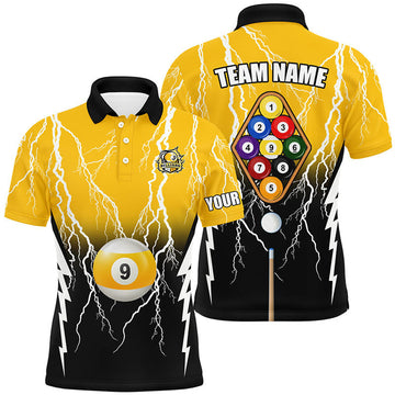 Custom Black Yellow 9 Ball Pool Thunder Billiard Polo Shirts For Men Best Billiard Team Shirts