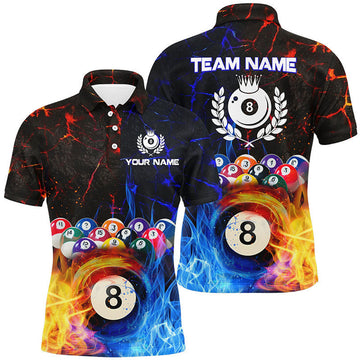 FUNSTUFFPRINT Billiard 8 Ball Water Fire Personalized Name 3D Polo Shirts For Men Custom Pool League Polo Shirt Size S-5XL