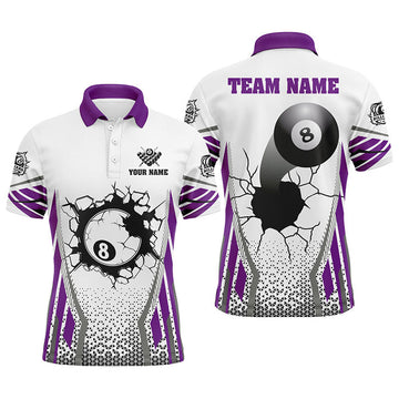 Custom White Purple 8 Ball Pool Cracked Wall Personalized Men Polo Shirts, Custom Billiard Attire Jerseys