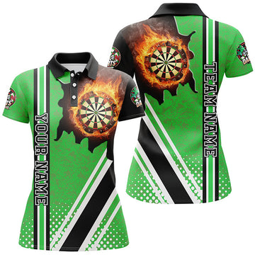 Custom Personalized Black Green Darts Board Fire Flame Women Darts Polo Shirts Custom Dart Team Jersey