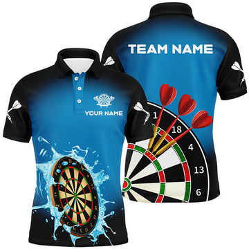 FUNSTUFFPRINT Personalized Dartboard In Splashing Water Blue Men Darts Polo Shirts Custom Funny Darts Shirts