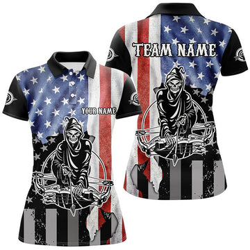 Custom Skeleton Playing Archery Custom US Flag Polo Shirts For Women, Unique Archery Shirts For Archers