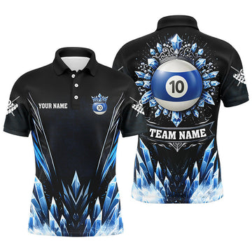 FUNSTUFFPRINT Personalized 3D Blue Icy Funny 10 Ball Pool Crown Men Billiard Polo Shirts Custom Billiard Polo Shirt Size S-5XL