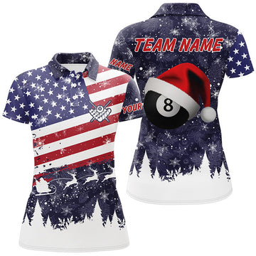 Custom Personalized Merry Christmas American Flag Billiard Polo Shirts For Women, Patriotic Christmas Shirts