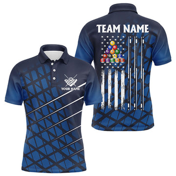 Personalized Blue Grunge American Flag Men Billiard Polo Shirts Custom Pool Player Jersey Shirts