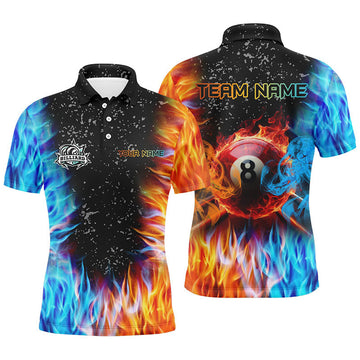 FUNSTUFFPRINT Personalized Billiard Fire And Water 3D Printed Men Polo Shirts, Grunge 8 Ball Pool Shirts For Team Polo Shirt Size S-5XL