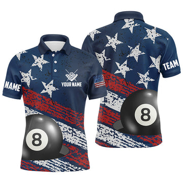 FUNSTUFFPRINT Grunge American Flag 8 Ball Pool Men Billiard Polo Shirts Custom Patriotic Billiard Attire Polo Shirt Size S-5XL