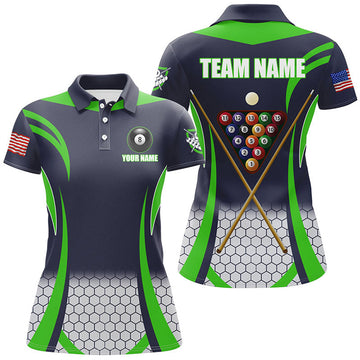 Custom Personalized Green 8 Bal Pool Billiard Jerseys Women Polo Shirts, Best Team League Billiard Shirts