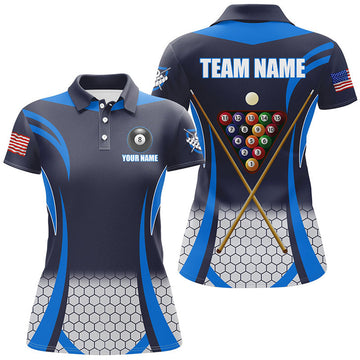 Custom Personalized Blue 8 Bal Pool Billiard Jerseys Women Polo Shirts, Best Team League Billiard Shirts