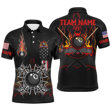 Personalized Billiard Fire American Flag Polo Shirts For Men, Unique Pool Player Shirts For Team