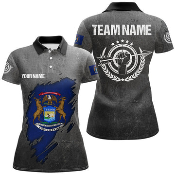 Custom Grunge Michigan Archery Women Polo Shirts, Custom Team Name Patriotic Michigan Flag Archery Jerseys