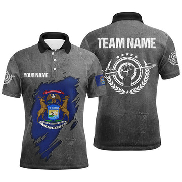 Custom Grunge Michigan Archery Men Polo Shirts, Custom Team Name Patriotic Michigan Flag Archery Jerseys