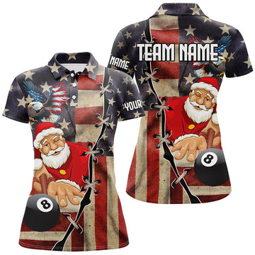 Custom Funny Christmas Santa And Billiard Custom Us Flag Women Polo Shirts, Patriotic Women Christmas Shirts