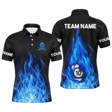 Custom Name Blue Flaming Billiard 3D Polo Shirts For Men Custom Billiard 10 Ball Pool For Team