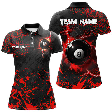 Custom Red Grunge 8 Ball Pool Thunder Lightning Women Polo Shirts Custom Team League Billiard Jersey Attire