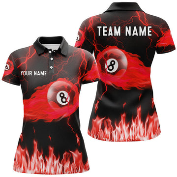 Custom Personalized Red 8 Ball Flame Thunder Lightning Billiard Shirts For Women, Pool Team League Shirts