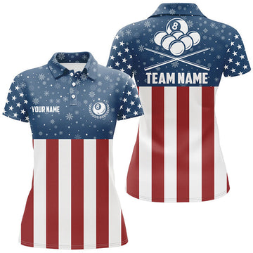 Custom Us Flag Christmas Snowflakes Pattern Custom Billiard Women Polo Shirts, Patriotic Christmas Shirts