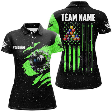Customized Grunge American Flag 8 Ball Pool Women Billiard Polo Shirts, Pool Player Shirts |Green