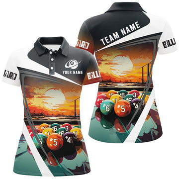 Custom Funny Colorful Billiard Balls Sunset Painting Personalized Women Polo Shirts, Unique Billiard Attire