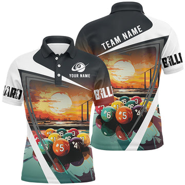 FUNSTUFFPRINT Funny Colorful Billiard Balls Sunset Painting Personalized Men Polo Shirts, Unique Billiard Attire Polo Shirt Size S-5XL