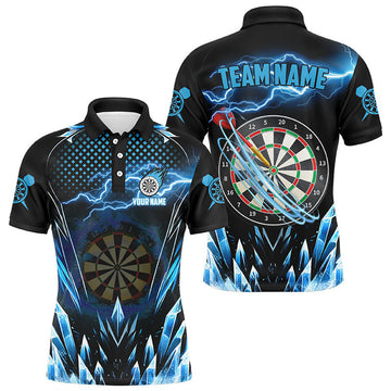 FUNSTUFFPRINT Personalized Blue Icy Dartboard Lightning Men Darts Polo Shirts Custom Darts Team League Polo Shirt Size S-5XL