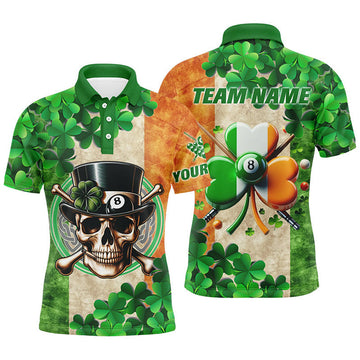 Custom Billiard St Patrick's Day Funny Skull Custom Shamrock Men Polo Shirt, Patrick Lucky Billiard Shirts