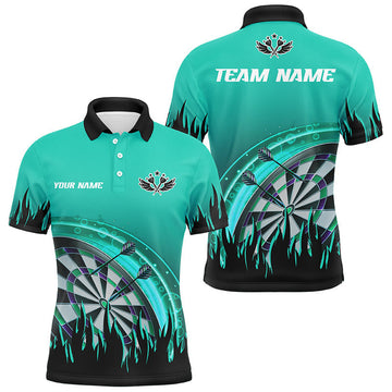 Personalized Turquoise Darts Flame Men Polo Shirt Custom Team League Darts Jersey Attire For Player