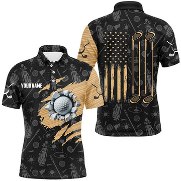 Custom Retro American Flag Crack Golf Balls Custom Men Golf Polo Shirts, Patriotic Golf Shirts For Men