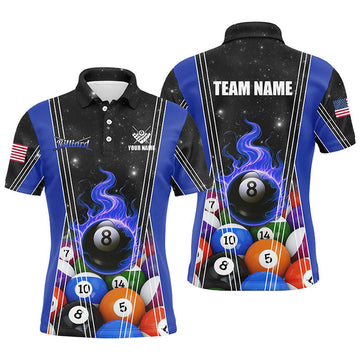 Personalized Blue 8 Ball Pool Fire Flame Billiard Balls Men Polo Shirt Custom Billiard Team Jerseys