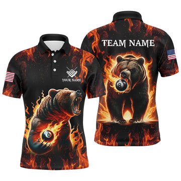 FUNSTUFFPRINT Personalized Funny Bear And 8 Ball Pool Fire Flame Men Billiard Polo Shirt Size S-5XL