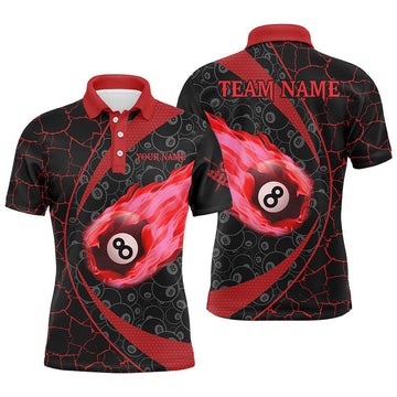 FUNSTUFFPRINT Personalized Black Red Billiard Fire Flame Men Polo Shirts Custom Name 8 Ball Pool Team Polo Shirt Size S-5XL