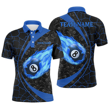 Personalized Black Blue Billiard Fire Flame Men Polo Shirts Custom Name 8 Ball Pool Team Shirts
