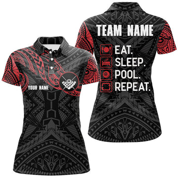 Custom Billiard Black Red Tribal Pattern Custom Name Polo Shirts For Women, Custom Funny Billiard Shirts