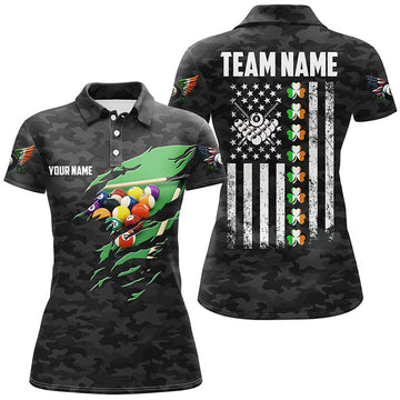Custom Billiard St Patrick Day Vintage American Flag Women Polo Shirts, Patriotic Billiard Team Jerseys