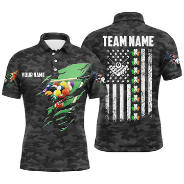 FUNSTUFFPRINT Billiard St Patrick Day Vintage American Flag Men Polo Shirts, Patriotic Billiard Team Polo Shirt Size S-5XL