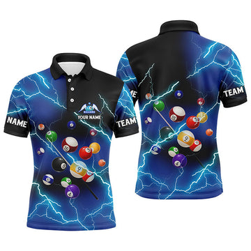 Personalized Billiard Balls Thunder Lightning Blue Version Custom Name 3D Polo Shirts For Men